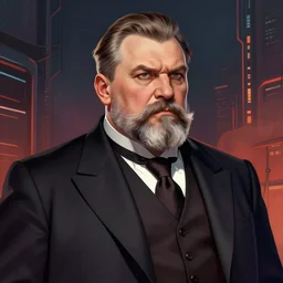 a portrait of a stern heavy set older man with a round face and a salt and pepper goatee, elegantly dressed in a smoking jacket, in the style of a soviet era propaganda poster, cyberpunk dark fantasy art, official fanart behance hd artstation by jesper ejsing