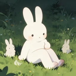 a girl sits on the grass at night with dreamcore rabbits