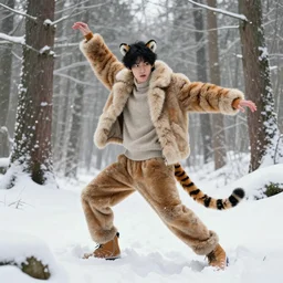 harmony of snow forest, taehyung with black hair and tiger ears & tail wearing fluffy jacket, shirt & pants, amazing composition & dynamic posing, by franz xavier leyendecker, wlop! muted colors, highly detailed, fantasy art by craig mullins, thomas kinkade cfg _ scale 9