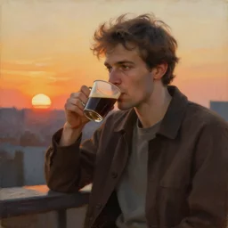 attractive man drinking coffee, sunset, painting by vladimir volegov, j. c. leyendecker, tom of finland, trending on artstation