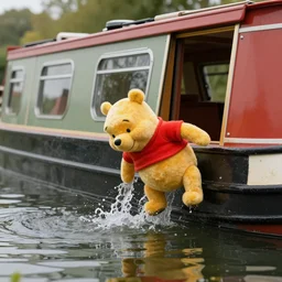 winnie the pooh falling off a canal boat into the water.