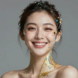 portrait of a happy beautiful futuristic woman layered with high-tech jewelry wrapping around her face and head and shoulders, golden-silver light with tiny blue, gold, and red gems scattered like dust