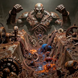 movie still of open grave battle chaos, intricately macerated by age, sentient, dethroned goliath machines torched, blood turbines, hydrocracking battles, rusted, macerated, eviscerated by fimbria wires, bicornate fungal pit, blue orange sheen rotting, by alberto bontempi, jack kirby, alex ross, shigeru komat