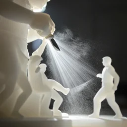 macro photo of shrunken humans carving aerogel filtering sunlight into pure delta channels of impossibly fine dust, kicking up mist, carved by a massive sculptor with chisel - arms