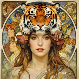 realistic detailed face of the beautiful goddess of tigers with a giant tiger head headdress by alphonse mucha, ayami kojima, amano, greg hildebrandt, mark brooks, and ernst haeckel, golden ratio, art nouveau, neo - gothic, gothic, neoclassical,