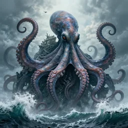 huge sea monster, cthulhu, octopus, tentacles, towering over you, colossal giant, mythical sea creature, epic, waves, rough ocean, gigantic huge sea monster, extremely detailed, intricate digital art, 8 k