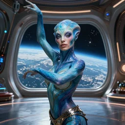 vfx movie scene closeup portrait of beautiful blue body paint fit alien gorgeous woman dancing in sleek futuristic decadent spaceship pillars, alien antenna, futuristic ballroom. big eyes, soft skin, giant windows view of earth obit. by emmanuel lubezki