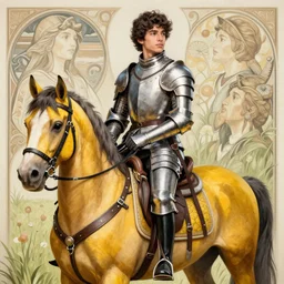 frankie muniz young with medieval armor, on horse with yellow caparison, field background, intricate, elegant, highly detailed, artstation, sharp focus, illustration, rutkowski, mucha