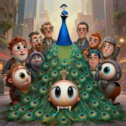 anthropomorphic highly detailed group portrait of funny neon giant cute eyes one - point - perspective - peacock - city, intricate, elegant, highly detailed, digital painting, artstation, concept art, smooth, sharp focus, illustration, art by artgerm, bob eggleton, michael whelan, stephen hickman, richard corben, wayne barlowe, trending on artstation and greg rutkowski and alphonse mucha, 8 k