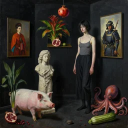 realistic painting of a burnt female artist's apartment, black dripping walls, tall emo girl, stone sculpture, a pig, a samurai, paintings on black walls, pomegranate, bromeliads, tusks, octopus, a courgette, berries, zen, sensual, surrealist painting by magritte and rousseau and kahlo