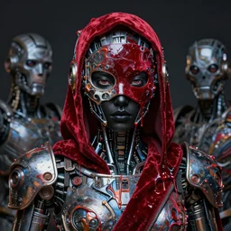 highly detailed and decorated black albino, all dressed in metalic fabric and robots parts of fabric, beautiful face and eyes, robotic mask on his face, red velvet fabric made of paint, cel shaded, cinematic shot, trending on artstation, color fluid oil paint and acrylic paint, melting wax, by tom bagshaw and jama jurabaev and beep