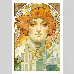 colorful poster art by alphonse mucha and emek, a large robot head the size of a city, eyes glowing, smaller cities in the distance, all connected by twisting roads, digital art, poster frame, concert poster
