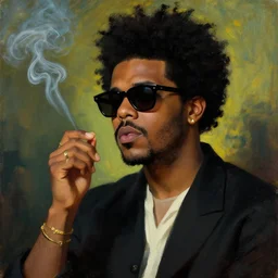 the weeknd wearing sunglasses and smoking by giuseppe arcimboldo, brown skin, classical painting, digital painting, romantic, vivid color