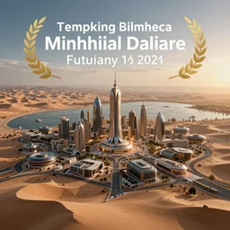 a futuristic city in the desert during sunset, lake view, ultra realistic, highly detailed, award winning, top view, wide angle
