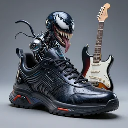 an anthropomorphic cyberpunk futuristic sneaker of venom by sandra chevrier, by jon foster, detailed render, cybernetics, 4 k realistic, fender stratocaster, cryengine, realistic shaded lighting, sharp focus, masterpiece, by enki bilal