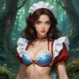 A beautiful female maid wearing a magical bikini in a magical forest, detailed face, fantasy art, in the style of artgerm, illustration, epic, fantasy, intricate, hyper detailed, artstation, concept art, smooth, sharp focus, ray tracing, vibrant