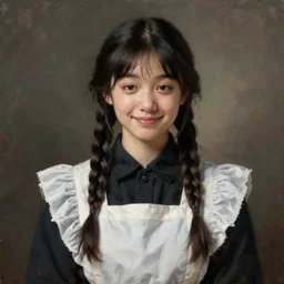 a ((sadly)) (((smiling)))) black haired, young hungarian servantmaid from the 19th century who looks very similar to ((((Lee Young Ae)))) with a two french braids, detailed, soft focus, realistic oil painting by  Ferenczy Károly, John Everett Millais,  Munkácsy, Csók István, and da Vinci