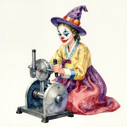 korean women's fashion machine witch joker, intricate watercolor solarpunk portrait by tim doyle