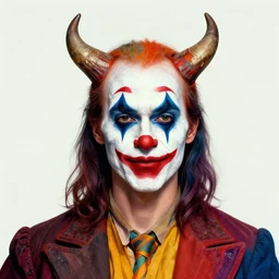 colorful portrait of devil with horns and clown makeup, by sandra chevrier and anthony van dyck, artstation, illustration, comic book, polychromatic - colors, insanely detailed and intricate, hypermaximalist, elegant, ornate, hyper realistic, super detailed
