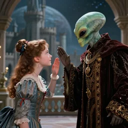detailed, sharp, a girl curtseying to an alien king, wearing 1850s era clothes, in a castle on an alien planet, extremely highly detailed, hyperrealistic, highly detailed faces, 70 mm still from a period sci fi color movie, 4k, good lighting, in color