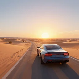 car driving towards sunset in a desert, synthwave, polygons, high detail, bright, complex,