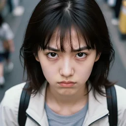 beautiful overhead perspective portrait photo in style of 1990s frontiers in anthropomorphic retrofuturism tokyo seinen manga street photography fashion edition, highly detailed, focus on frown, eye contact, soft lighting