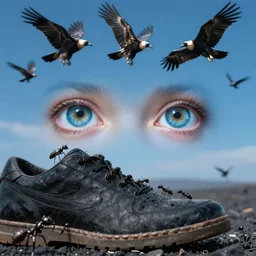 eyes stared straight up at the blue sky black distant extinct black ants walking up the shoe vultures preying above ultrarealistic 1 5 0 mpx
