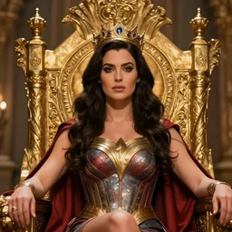 superhero women wearing a crown, intricate, golden, sitting on a throne, majestic