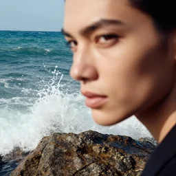 close up of face of a fashion model standing on a rock near the ocean, waves hitting rock, editorial by annie leibovitz