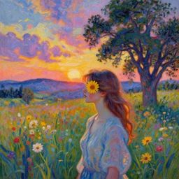 girl with one flower head, in a field with flowers, hills, big trees, sunrise dramatic light, impressionist painting, colorful clouds, digital painting, pointillism, artstation, simon stalenhag
