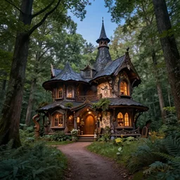 hyper realistic homely ornate modern witch house distant down a path in the woods gorgeous lighting, blue sky, highly detailed, lush forest by zdzisław beksinski and norman rockwell and greg rutkowski weta studio, and lucasfilm
