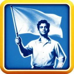 man holding a flag, duotone, matchbox label style