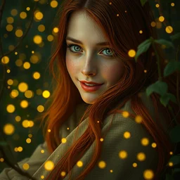 young woman surrounded by golden firefly lights in a mesmerizing scene, sitting amidst nature fully covered, long loose red hair, precise linework, accurate green eyes, small nose with freckles, smooth oval shape face, empathic, bright smile, expressive emotions, hyper realistic ultrafine art by artemisia gentileschi, jessica rossier, boris vallejo
