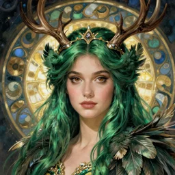 a detailed portrait of a green haired brown eyed queen of feathers with an antler crown by wayne barlowe and mucha