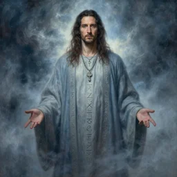 portrait of giant adam brody in blue - gray robes, runes, jewelry, mystical, ethereal, magical storm fog, painting by greg rutkowski and alphonse mucha