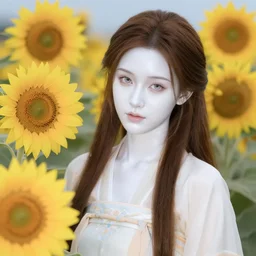 beautiful lady wearing hanfu surrounded by sunflowers, brown long hair, shiny white skin, demonic eyes, white background, low fantasy, extremely detailed, sharp focus, smooth, digital illustration, by rossdraws, frank franzzeta, sakimichan