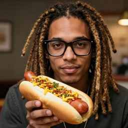 hot dog with dreadlocks and black glasses,