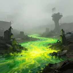radioactive wasteland los santos, spilled green - yellow toxic waste emits vibrant light, foggy atmosphere, by rembrandt and wlop, intricate, detailed, photorealistic imagery, artstation