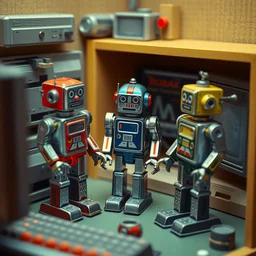 digital color photo of three 1 9 4 0 s - style tin - toy robots, inside a small diorama of a computer room