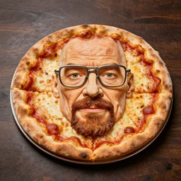 pizza pie shaped like walter white, promotional material, 4 k, professional photography