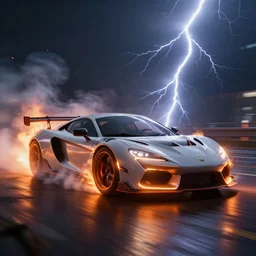 sport car, unreal engine render. flames, lightning, cinematic lighting, smokes. peder balke, john watkiss, and paul gustav fischer.