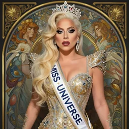 lady gaga as miss universe, 8 k, deep focus, d & d, fantasy, intricate, elegant, highly detailed, digital painting, artstation, concept art, matte, sharp focus, illustration, hearthstone, art by artgerm and greg rutkowski and alphonse mucha