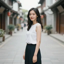 portrait of a beautiful woman standing in an empty asian street by berkey, john
