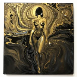 liquid marble acrylic fluid paint, black ink, golden and black liquid materials, abstract art, beautiful female model full body portrait