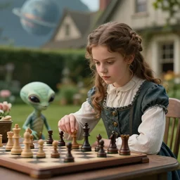 70mm still from a sci fi blockbuster movie made in 2022, set in 1860,  a girl playing chess with a small cute humanoid alien creature, wearing 1850s era clothes, in a garden of a house, on an alien planet, good lighting, 8k, in focus faces, good quality photography