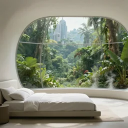 movie still frame, a minimalist bedroom inside a luxurious futuristic city dome in a lush jungle, beautiful composition, sunny, steam, 8 k, cgi, by ridley scott, james cameron, zack snyder and michael bay