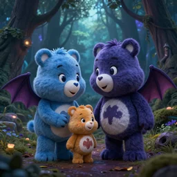 demonic care bears in magical forest, dark atmosphere, high detail, soft lighting, 8 k