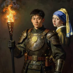 a chinese heavy armour solider holding a torch, character design, beautiful face, painting by gaston bussiere, katsuya terada, nc wyeth, greg rutkowski, craig mullins, vermeer, frank frazetta, mucha, trending on artstation, jeffery catherine jones