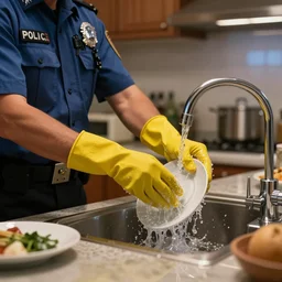 A police officer wearing rubber gloves to wash dishes in kitchen, highly detailed, ambient lighting, trending on art station