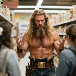very frustrated Poseidon annoyed and complaining with wild gestures to other customers at the supermarket, bokeh, Sigma 85mm, f/1.4
